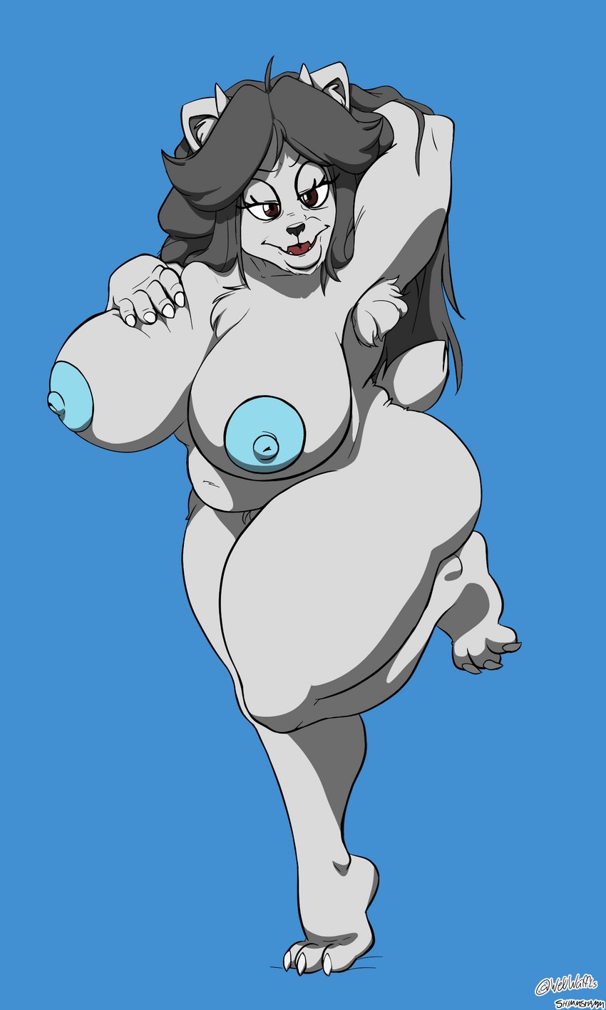 anthro areola big_breasts blue_areola blue_background blue_nipples breast_grab breasts claws female fur grey_hair hair hand_on_breast horn nipples simple_background slightly_chubby slightly_chubby_female solo white_body white_fur shimmshamm wetwaffls undertale undertale_(series) temmie_(undertale) temriel_(temmieverse) bovid canid canine caprine felid feline goat mammal tem 3:5 absurd_res hi_res