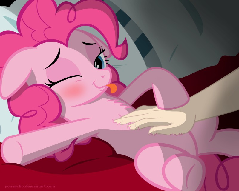 belly_rub blush disembodied_hand duo female feral fur hair looking_at_viewer on_model one_eye_closed pink_body pink_fur pink_hair semi-anthro solo_focus tongue tongue_out ponyecho friendship_is_magic hasbro my_little_pony pinkie_pie_(mlp) earth_pony equid equine horse human mammal pony 2014 5:4 digital_media_(artwork) hi_res