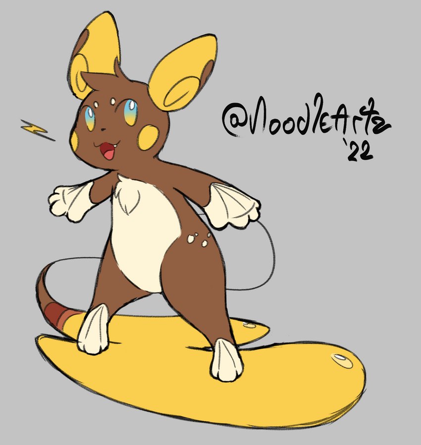 big_tail blue_eyes brown_body brown_fur chest_tuft cream_belly fur head_tuft hip_markings leg_markings lightning_bolt markings open_mouth open_smile pawbs round_ears smile solo spread_legs spreading surfing tail tail_surfing tuft noodleartz nintendo pokemon lucy_(noodleartz) alolan_form alolan_raichu generation_7_pokemon mammal mouse murid murine pokemon_(species) regional_form_(pokemon) rodent shiny_pokemon digital_media_(artwork) hi_res