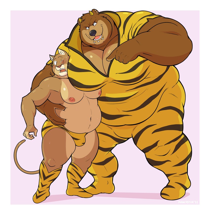 2_horns anthro arm_around_shoulders belly big_belly big_moobs black_nose bulge clothed clothing cosplay duo horn hug humanoid_hands male moobs nipples overweight overweight_male underwear manlyster urusei_yatsura lum's_father bear cougar felid feline mammal 2022 absurd_res hi_res