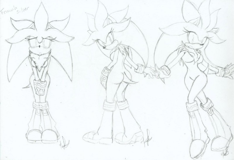 anthro blush breasts butt chest_tuft clothing crossgender featureless_breasts featureless_crotch female footwear gloves handwear shoes solo tuft shilumi sega sonic_the_hedgehog_(series) silver_the_hedgehog eulipotyphlan hedgehog mammal 2010 monochrome traditional_media_(artwork)