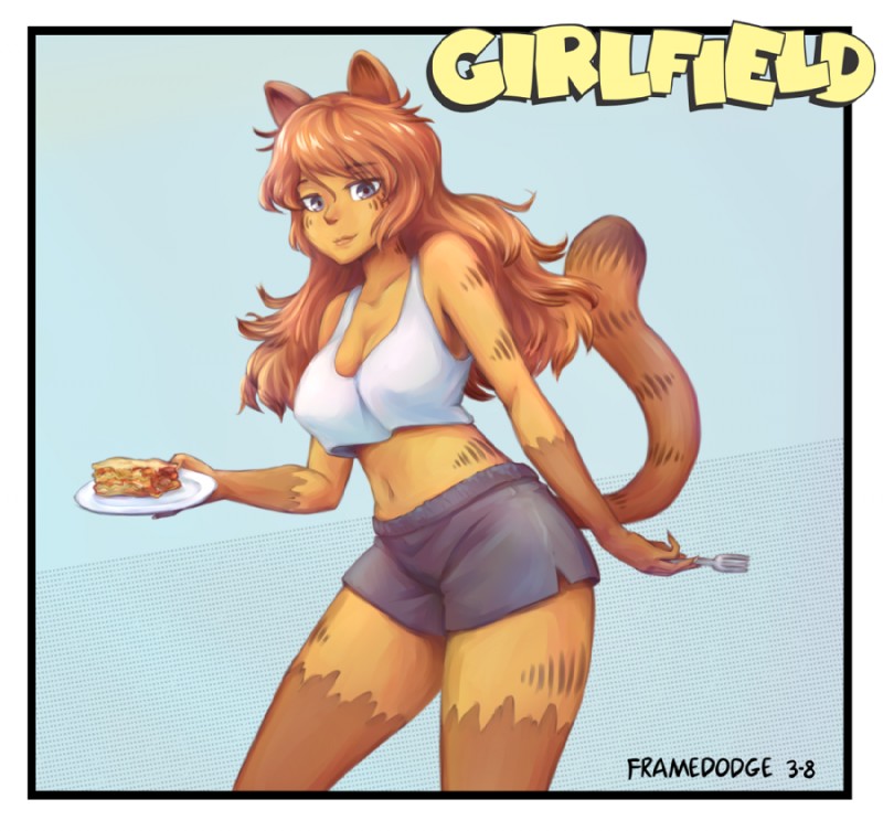 alternate_species blue_eyes bottomwear breasts brown_hair cleavage clothed clothing crossgender cutlery female food fork fur gloves_(marking) hair holding_object humanoidized kitchen_utensils lasagna leg_markings long_hair looking_at_viewer markings midriff mtf_crossgender orange_body orange_fur orange_hair pasta shorts simple_background smile socks_(marking) striped_body striped_fur stripes tools framedodge garfield_(series) garfield_the_cat animal_humanoid cat_humanoid felid felid_humanoid feline feline_humanoid humanoid mammal mammal_humanoid 2019