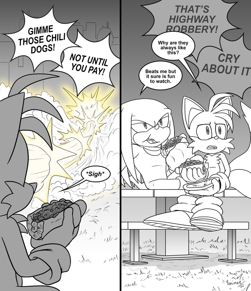 anthro clothing dialogue eating eating_food food gloves group handwear male outside speech_bubble super_form tail text yanimae sega sonic_the_hedgehog_(series) knuckles_the_echidna miles_prower shadow_the_hedgehog sonic_the_hedgehog super_sonic canid canine echidna eulipotyphlan fox hedgehog mammal monotreme black_and_white comic english_text hi_res monochrome