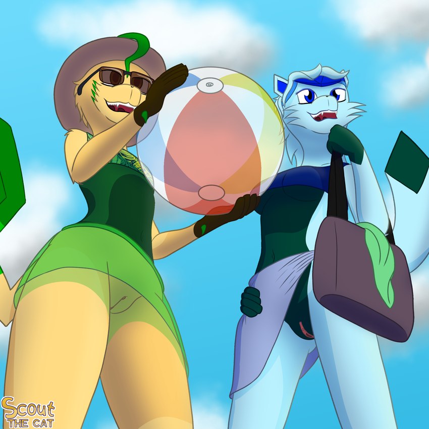 anthro bag ball beach_ball big_breasts bikini bikini_top blue_body blue_clothing blue_eyes blue_fur bottomless bottomwear breasts brown_eyes clitoris clothed clothing duo eyewear female fur genitals green_body green_clothing green_fur hair hat headgear headwear inflatable low-angle_view pattern_clothing plump_labia pussy shirt skirt sky_background smile sun_hat sunglasses swimwear tan_body tan_fur tank_top thick_thighs topwear towel towel_wrap two-piece_swimsuit under_boob upskirt scoutthecat02 nintendo pokemon lisa_devellis marissa_reinhart eeveelution generation_4_pokemon glaceon leafeon pokemon_(species) 1:1 absurd_res hi_res