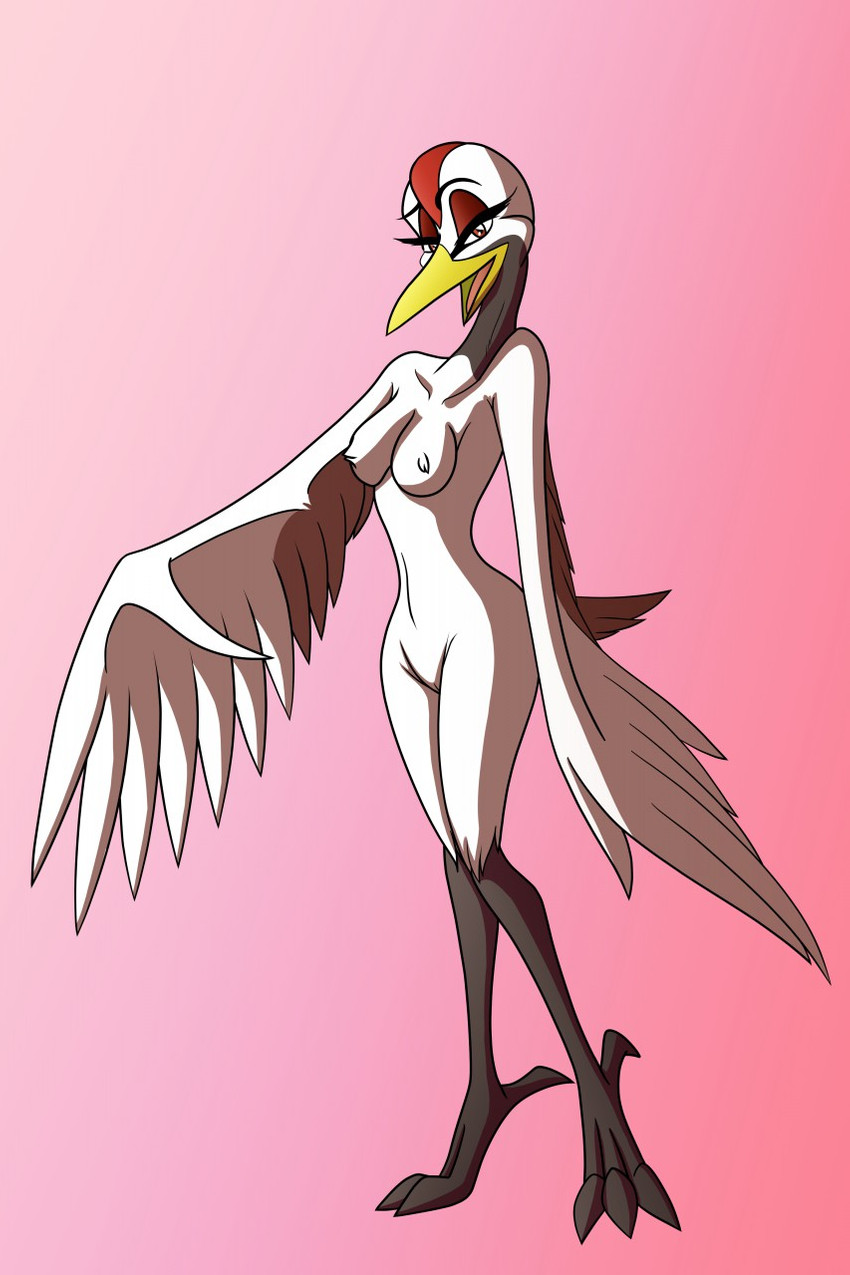 anthro beak breasts female genitals looking_at_viewer non-mammal_breasts nude pussy simple_background smile solo whitephoenix52 yuriko_(aidagull) avian bird crane_(bird) gruiform grus_(genus) red-crowned_crane hi_res