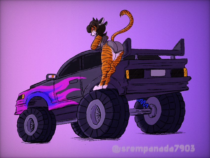 anthro big_breasts big_tires bottomwear breasts butt clothed clothing female flame_pattern fur grey_clothing hair hotpants leaning_on_vehicle monster_truck orange_body orange_fur shirt shorts solo spoiler_(car) striped_body stripes tank_top topwear truck vehicle sr_empanada zak898 yukami_jewels felid mammal pantherine tiger 4:3