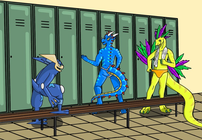 anthro asian_clothing changing_room clothing detailed_background east_asian_clothing fundoshi group japanese_clothing male male/male trio underwear cometmystic21 blytz_zap_dragon comet_the_greninja itzal_eguzkia reptile scalie digital_drawing_(artwork) digital_media_(artwork) portrait shaded