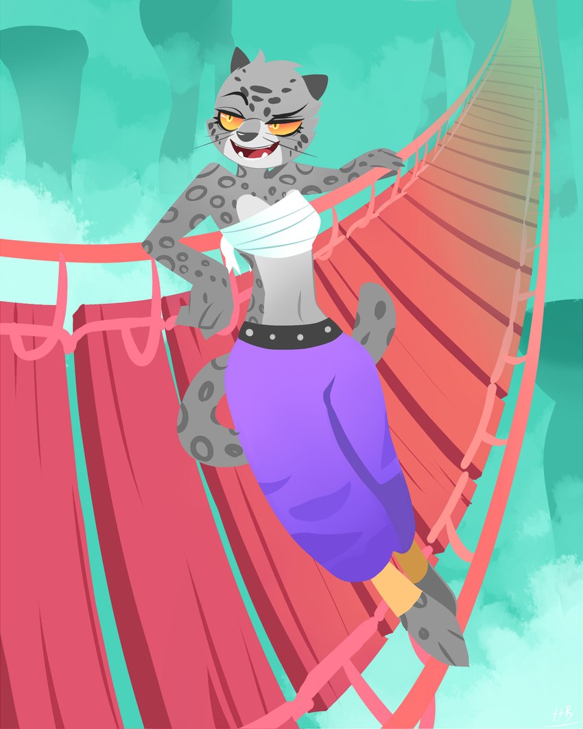 3_toes anthro barefoot bridge chest_wraps crossgender detailed_background feet female fur grey_body grey_fur harem_pants head_tuft markings midriff mtf_crossgender open_mouth open_smile outside rope rope_bridge smile solo spots spotted_body spotted_fur toes tuft whiskers wraps hydrabb dreamworks kung_fu_panda tai_lung_(kung_fu_panda) felid mammal pantherine snow_leopard 2021 4:5 absurd_res digital_media_(artwork) hi_res lineless