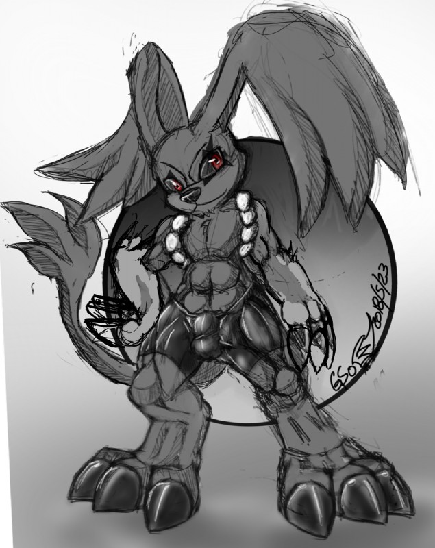 anthro bottomwear bulge claws clothed clothing detailed_bulge erection fur looking_at_viewer male pants red_eyes simple_background smile solo standing tight_bottomwear tight_clothing tight_pants topless white_background gs-fox bandai_namco digimon digimon_(species) felid gazimon hybrid lagomorph mammal hi_res monochrome signature sketch