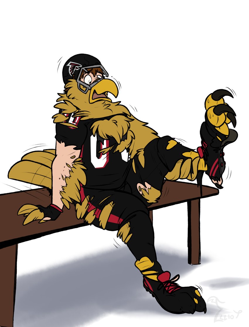 american_football_uniform anthro armor bench bottomwear broken_helmet cleats clothing feathers feet fingerless_gloves football_gear football_helmet football_jersey football_pants football_player footwear gloves growth handwear headgear helmet human_to_anthro jersey male mascot pants simple_background sitting socks solo species_transformation tail tail_growth talons toes torn_clothing transformation white_background yellow_body yellow_feathers binturongboss atlanta_falcons nfl freddie_falcon pheagle avian bird 2023 absurd_res hi_res