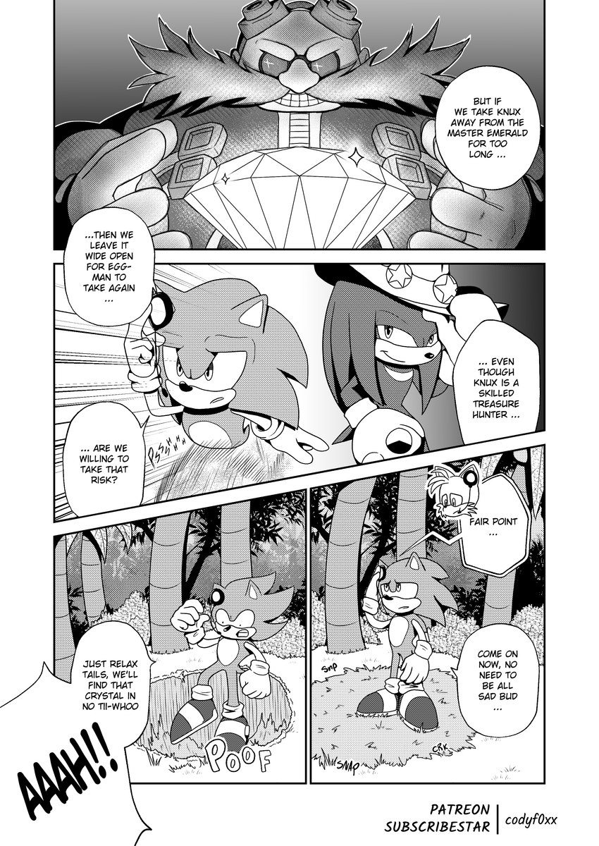 angel_island clothed clothing footwear forest gloves handwear male manga_style partially_clothed plant shoes text tree codyf0xx sega sonic_the_hedgehog_(series) dr._eggman knuckles_the_echidna miles_prower sonic_the_hedgehog canid canine echidna eulipotyphlan fox hedgehog humanoid mammal monotreme absurd_res comic english_text greyscale hi_res monochrome