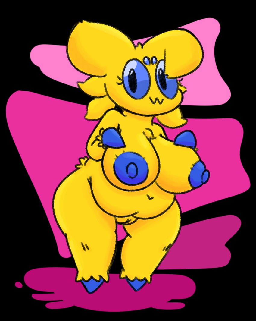 4_eyes anthro areola big_breasts black_eyes blue_areola blue_nipples blue_sclera breasts eyelashes female fur genitals huge_breasts looking_at_viewer multi_eye navel nipples overweight overweight_female pink_background pussy short_stack simple_background solo thick_thighs transparent_background wide_hips yellow_body yellow_fur junkbag nintendo pokemon arachnid arthropod generation_5_pokemon joltik pokemon_(species) alpha_channel hi_res