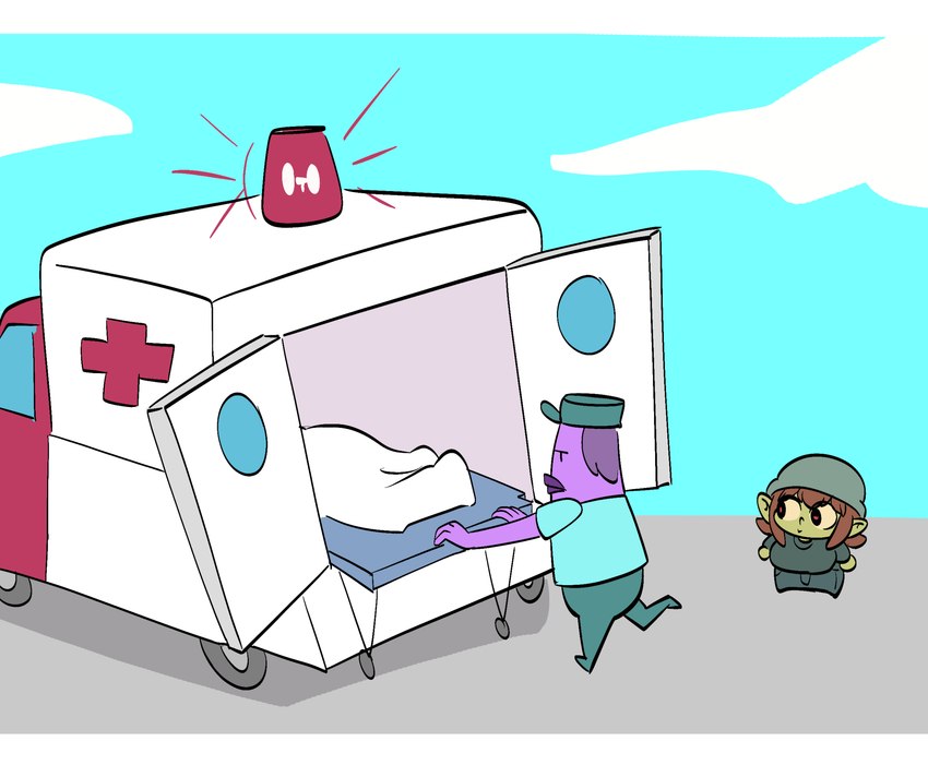 :> ambulance big_breasts breasts brown_hair chibi clothing cloud day female group hair hat headgear headwear humanoid_pointy_ears male not_furry pointy_ears purple_body purple_skin short_hair sky standing trio wheel 20pesos_sopa lei_(20pesos_sopa) goblin humanoid hi_res