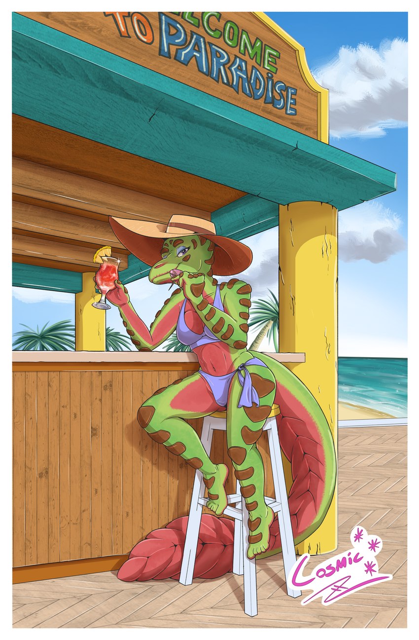 anthro beach beverage bikini border clothing female food fruit hat headgear headwear looking_at_viewer palm_tree pineapple plant seaside sitting solo sun_hat swimwear tree two-piece_swimsuit water white_border cosmicfs sandia eublepharid gecko leopard_gecko lizard reptile scalie 2021 absurd_res digital_media_(artwork) hi_res krita_(artwork)