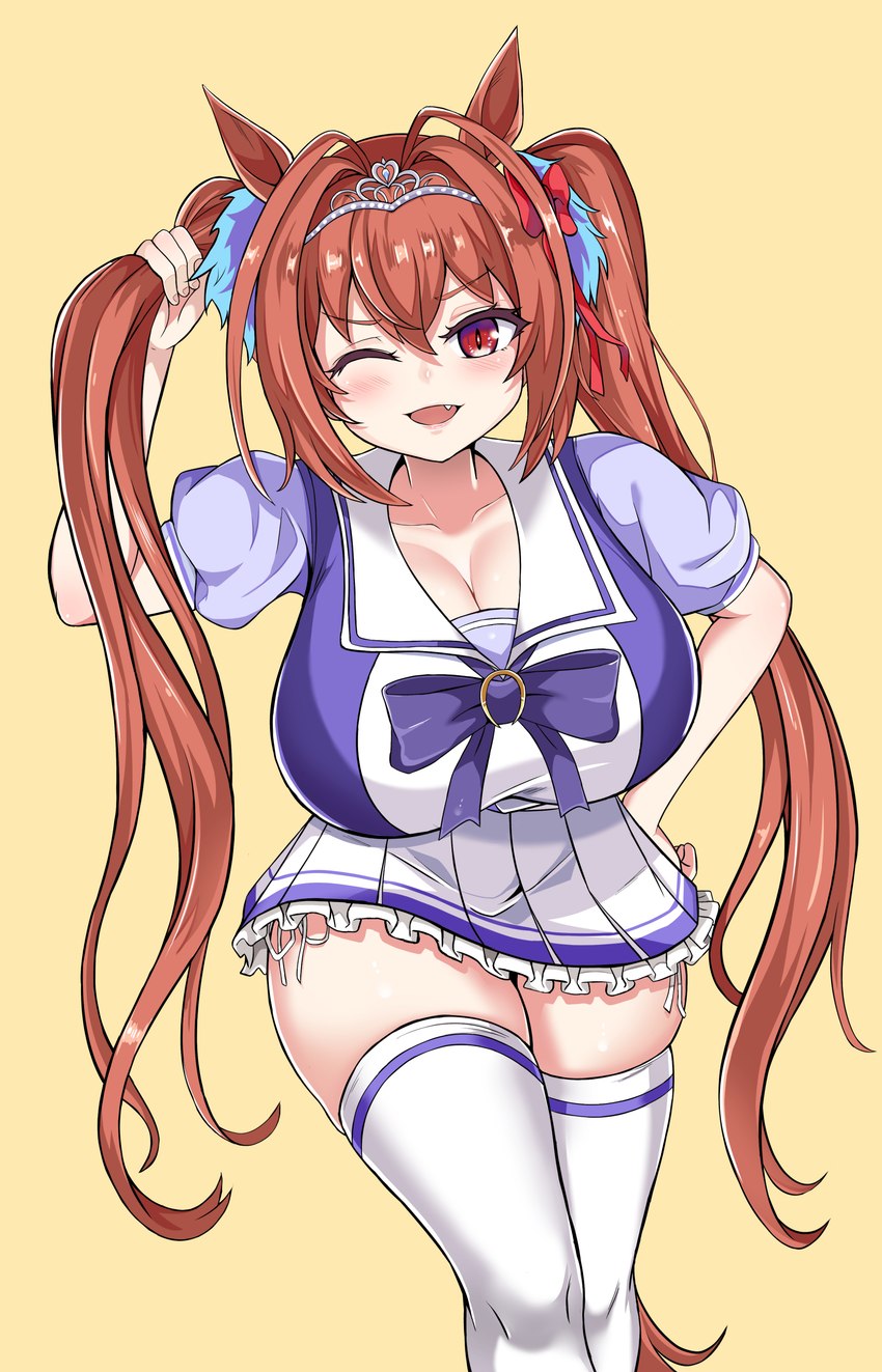 absolute_territory accessory animal_ears bangs big_breasts blue_clothing blue_shirt blue_topwear blush bottomwear bow_ribbon breasts brown_hair cleavage clothed clothing collarbone crown cute_fangs fangs female front_view hair hair_accessory hair_between_eyes hair_bow hair_grab hair_intakes hair_ribbon hand_on_hip headgear holding_hair horse_ears horse_tail huge_breasts leaning leaning_forward legwear looking_at_viewer miniskirt one_eye_closed open_mouth pigtails raised_hand red_bow red_eyes ribbons school_uniform shirt short_sleeves simple_background skindentation skirt smile solo squish standing tail teeth thick_thighs thigh_gap thigh_highs thigh_squish tiara topwear touching_hair uniform walking white_bottomwear white_clothing white_legwear white_shirt white_skirt white_thigh_highs white_topwear wide_hips wink yellow_background kim_wang_jyang cygames uma_musume_pretty_derby daiwa_scarlet_(pretty_derby) animal_humanoid equid equid_humanoid equine equine_humanoid humanoid mammal mammal_humanoid 2021 absurd_res hi_res portrait three-quarter_portrait