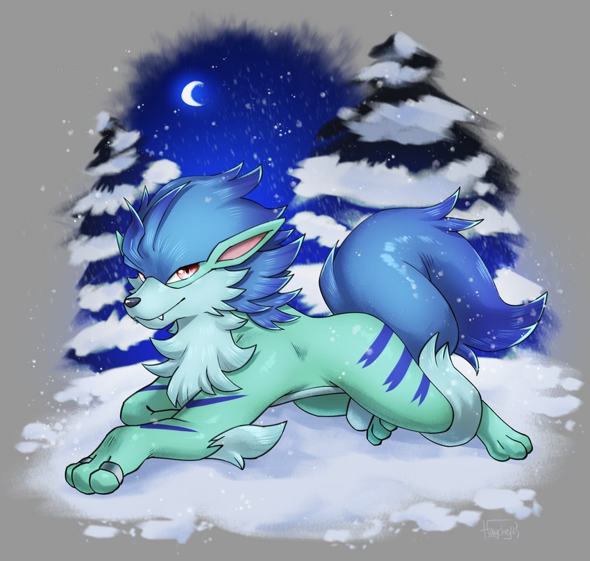 ambiguous_gender feral fur moon plant quadruped snow solo tail tree haychel nintendo pokemon iravo_(arcanine) arcanine canid canine generation_1_pokemon mammal pokemon_(species) 2023 hi_res