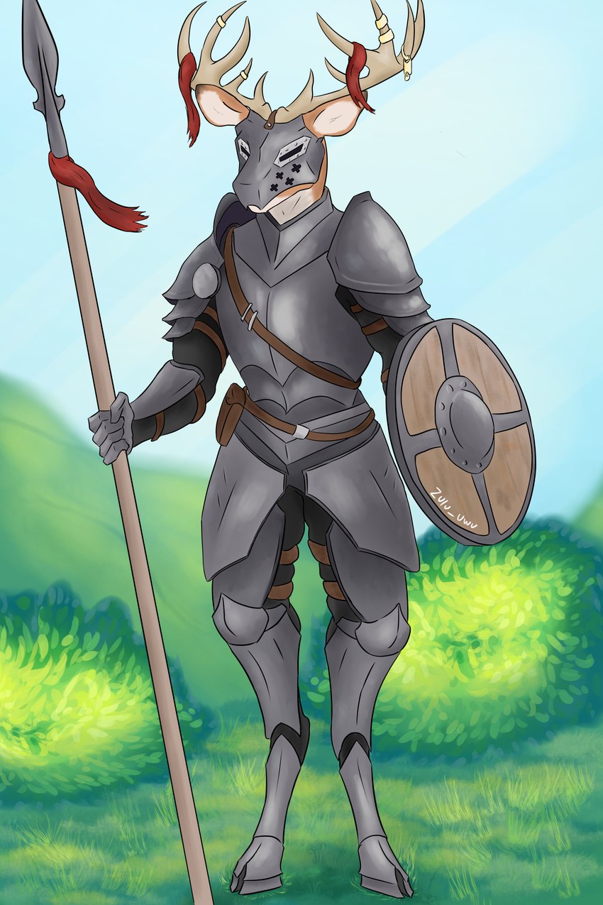 anthro antler_accessory antler_jewelry antlers armor clothing detailed_background grass holding_melee_weapon holding_object holding_weapon hooves horn knight male melee_weapon outside plant polearm shield shrub solo spear unguligrade warrior weapon zulu_uwu deer mammal 2:3 absurd_res hi_res