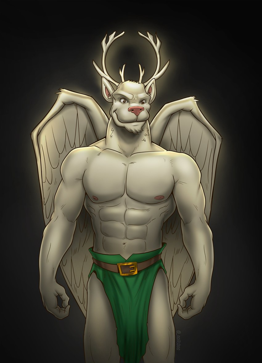 abs anthro antlers areola aura belt biped bottomwear brown_eyes chin_tuft clothed clothed_anthro clothed_male clothing facial_tuft feathered_wings feathers front_view fur green_bottomwear green_clothing green_loincloth horn loincloth loincloth_only male muscular muscular_anthro muscular_male navel nipples pecs pink_areola pink_nipples pink_nose pose serratus smile solo standing topless topless_anthro topless_male tuft white_antlers white_body white_fur wings nliiz disney gargoyles staghart deer gargoyle mammal 2022 absurd_res artist_name hi_res portrait three-quarter_portrait