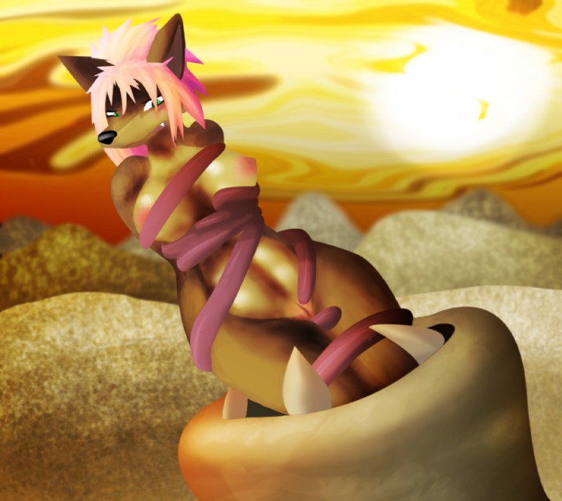 anthro breasts desert duo feet_first female forced genitals hair nipples nude pink_hair pussy rape tentacles vore kaivolate raptorkou annelid canid canine fox mammal worm