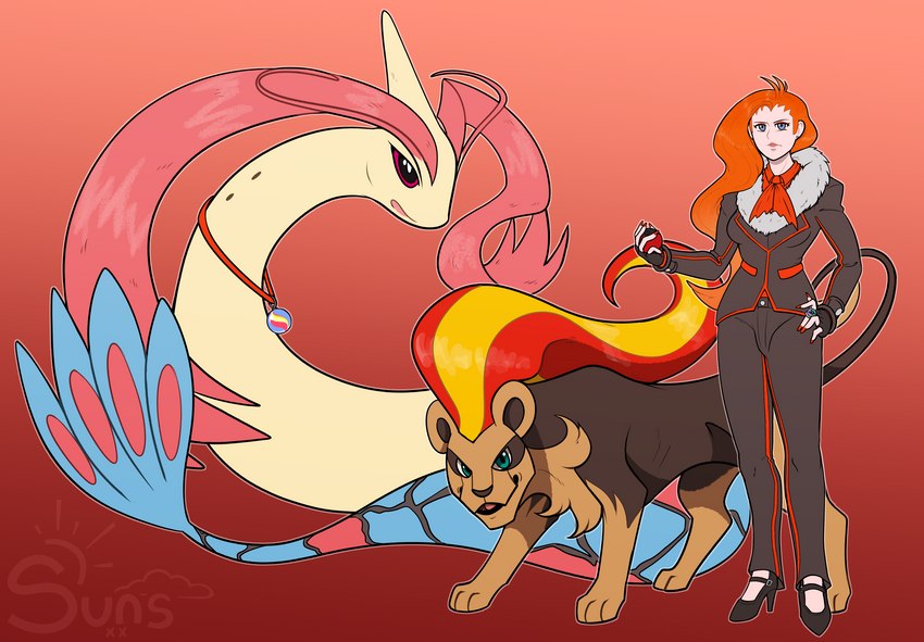 blue_eyes brown_body brown_fur clothing crossgender evolutionary_stone female feral footwear fur group hair hand_on_hip high_heels holding_object looking_at_viewer mega_stone mtf_crossgender orange_hair pale_skin pokeball red_eyes shoes simple_background standing suit trio suns_(artist) nintendo pokemon team_flare lysandre_(pokemon) generation_3_pokemon generation_6_pokemon human mammal milotic pokemon_(species) pyroar hi_res