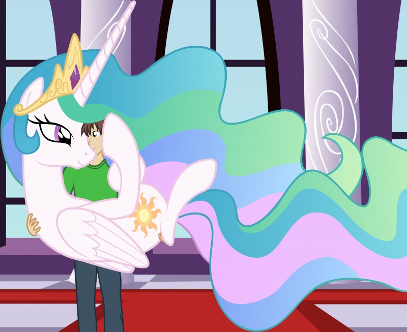 anon, generic messy hair anime anon, and princess celestia (friendship is magic and etc) created by badumsquish