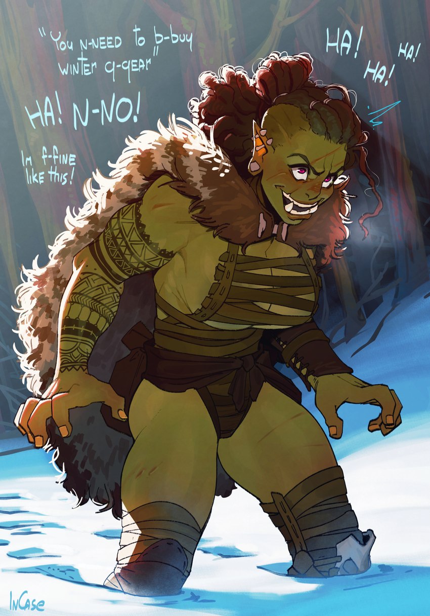 arm_tattoo big_breasts braided_hair breasts breath cape cleavage clothed clothing facial_scar female green_body green_skin hair humanoid_pointy_ears not_furry pointy_ears scar side_shave skimpy snow solo tattoo winter incase humanoid orc 2022 hi_res