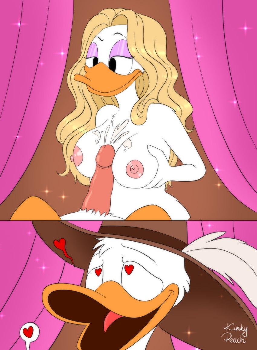 ahegao anthro bedroom bedroom_eyes big_breasts blonde_hair bodily_fluids breast_play breasts clothing cum cum_between_breasts cum_on_breasts duo ejaculation female genital_fluids hair hat hat_only headgear headgear_only headwear headwear_only heart_eyes heart_symbol long_hair looking_pleasured male male/female mostly_nude narrowed_eyes nipples non-mammal_breasts non-mammal_nipples nude seductive sex titfuck kinkypeach disney the_three_musketeers_(disney) daisy_duck donald_duck anatid anseriform avian bird duck comic hi_res