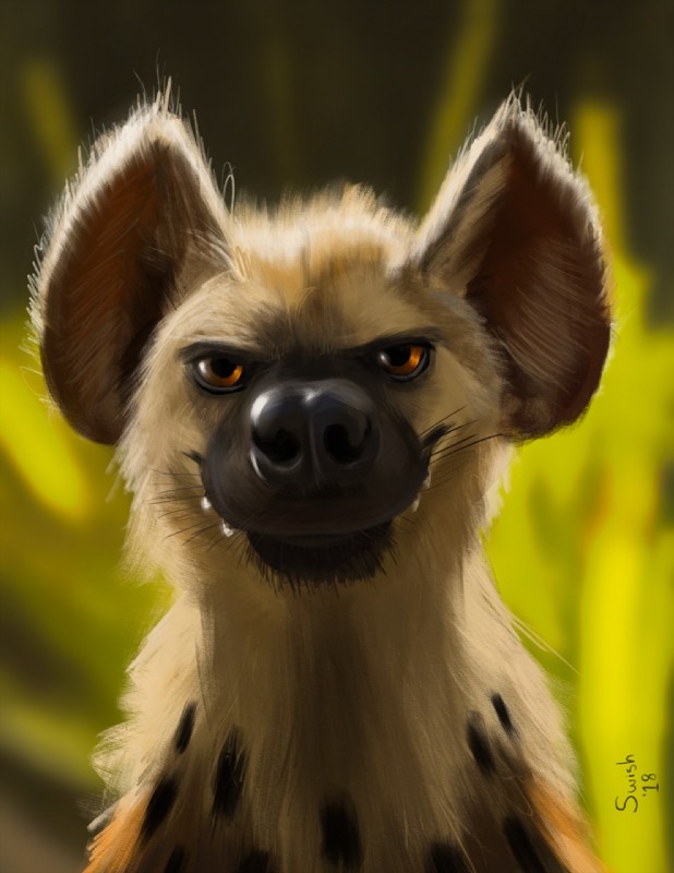 anthro black_nose fangs fur looking_at_viewer markings smile solo spots spotted_body spotted_fur teeth whiskers swish hyena mammal spotted_hyena 2018 hi_res