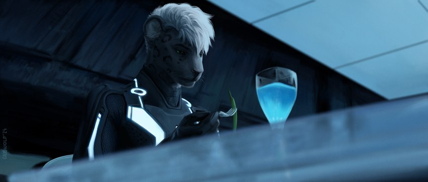 anthro armor beverage cutlery food fork futuristic glass hair kitchen_utensils male science_fiction solo tools white_hair geewolf tron tron:_legacy felid mammal pantherine snow_leopard 2024 digital_media_(artwork) hi_res signature