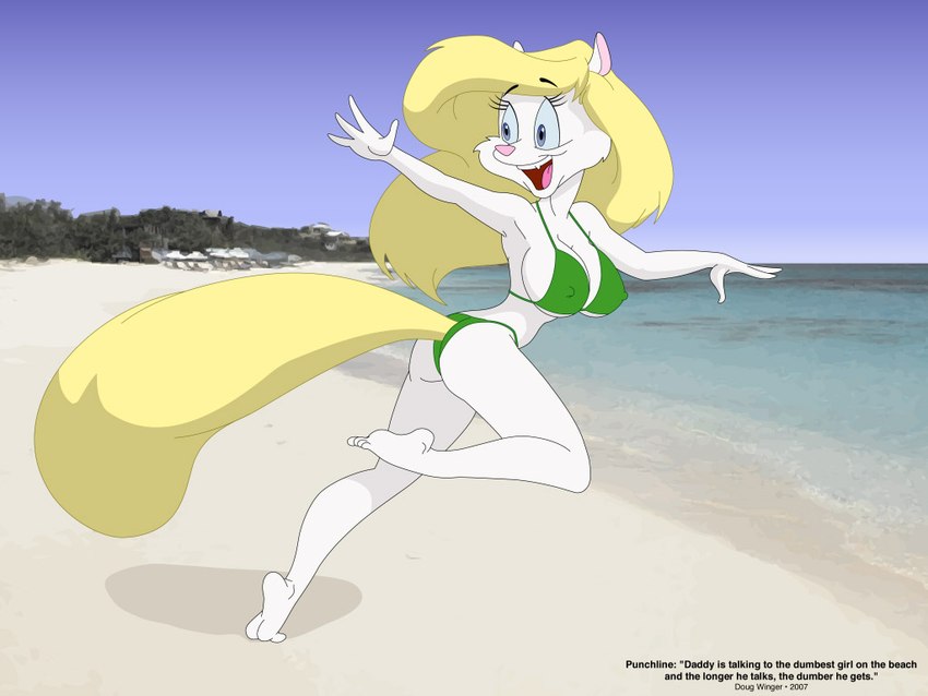 anthro beach big_breasts bikini breasts clothing copyright_symbol eyelashes female fluffy fluffy_tail green_bikini green_clothing green_swimwear hair long_hair nipple_outline open_mouth photo_background pink_nose running smile solo swimwear symbol tail teeth text two-piece_swimsuit yellow_tail doug_winger animaniacs warner_brothers minerva_mink mammal mink mustelid musteline true_musteline 2007 4:3 english_text photography_(artwork)