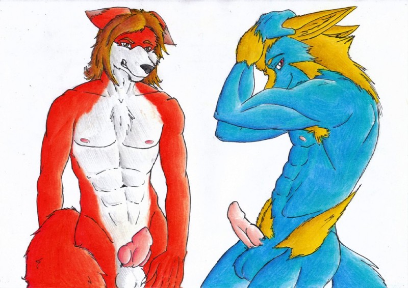 anthro anthrofied armpit_hair balls body_hair butt duo erection fur genitals grin hair hand_on_head knot looking_at_viewer male nipples nude penis pubes smile standing umpherio nintendo pokemon alfred_(umpherio) dialuca01 manny_raibolt canid canine fox generation_3_pokemon mammal manectric pokemon_(species) red_fox true_fox colored_pencil_(artwork) mixed_media pen_(artwork) traditional_media_(artwork)