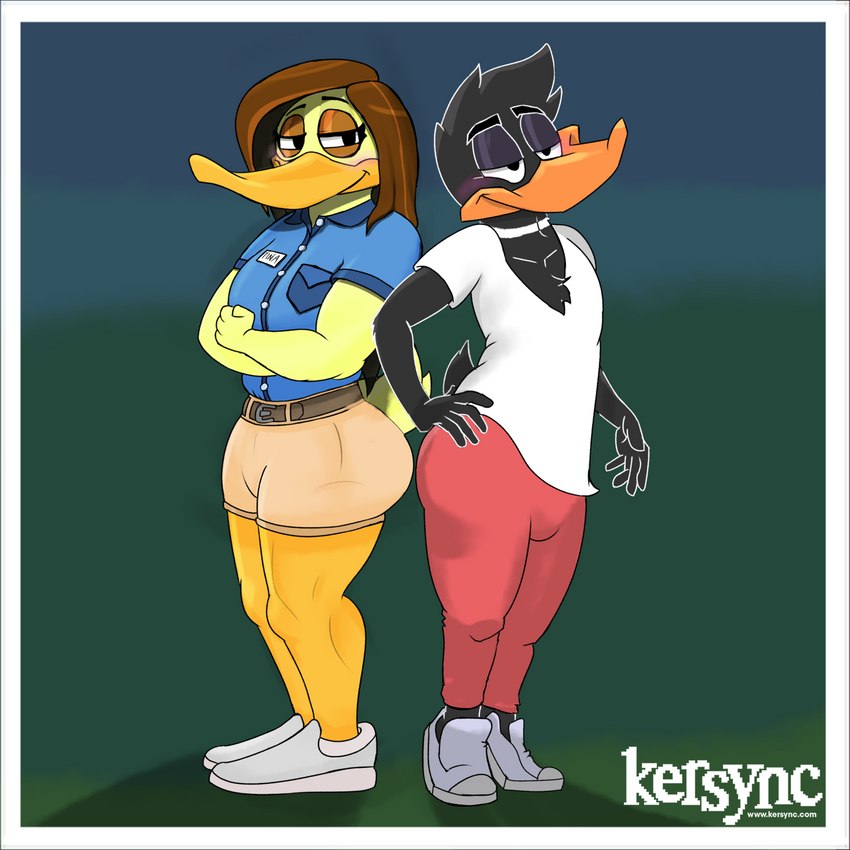 anthro beak bottomwear clothed clothing duo female footwear fully_clothed male pants redesign shirt shoes shorts topwear kersync looney_tunes the_looney_tunes_show warner_brothers daffy_duck tina_russo anatid anseriform avian bird duck 1:1 hi_res