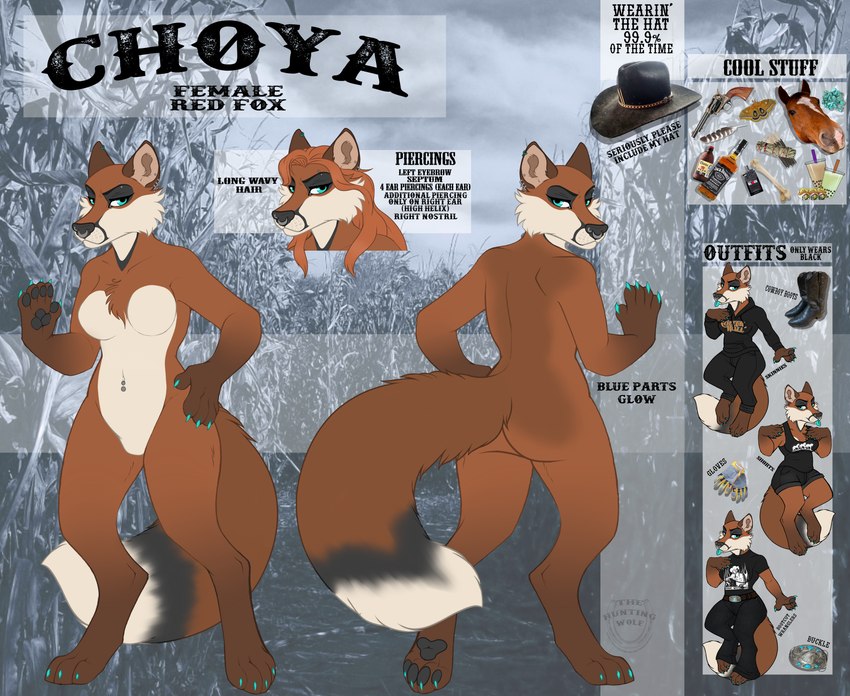 4_toes 5_fingers alternative_fashion anthro biped black_nose black_pawpads blue_eyes boots breasts brown_body brown_fur butt cheek_tuft chest_tuft claws clothing cowboy cowboy_hat digitigrade dipstick_tail ear_piercing ear_ring eyebrow_piercing eyebrows facial_piercing facial_tuft feet female finger_claws fingerpads fingers footwear fur goth gun hair handgun hat headgear headwear inner_ear_fluff looking_at_viewer markings navel navel_piercing nose_piercing nose_ring nude orange_hair outlaw pawpads paws piercing ranged_weapon revolver ring_piercing shoes solo tail tail_markings tan_body tan_fur text toe_claws toes tuft weapon wild_west thehuntingwolf jack_daniel's choya canid canine equid equine fox horse mammal red_fox true_fox absurd_res digital_media_(artwork) english_text hi_res model_sheet