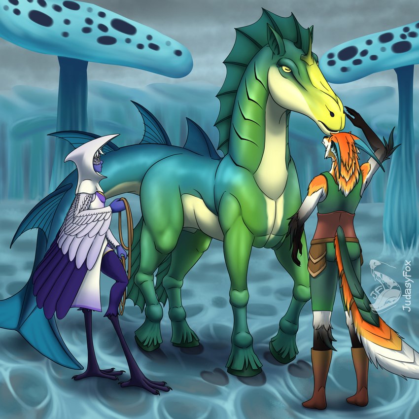 anthro avian_feet clothing feathers feral fin forest fungus fur group hood hooves long_tail mud mushroom plant tail tree trio judasyfox against_the_storm_(video_game) celtic_mythology european_mythology greek_mythology mythology avian canid canine equid equine fox harpy horse hybrid kelpie mammal mythological_avian mythological_creature mythological_equine 1:1 hi_res