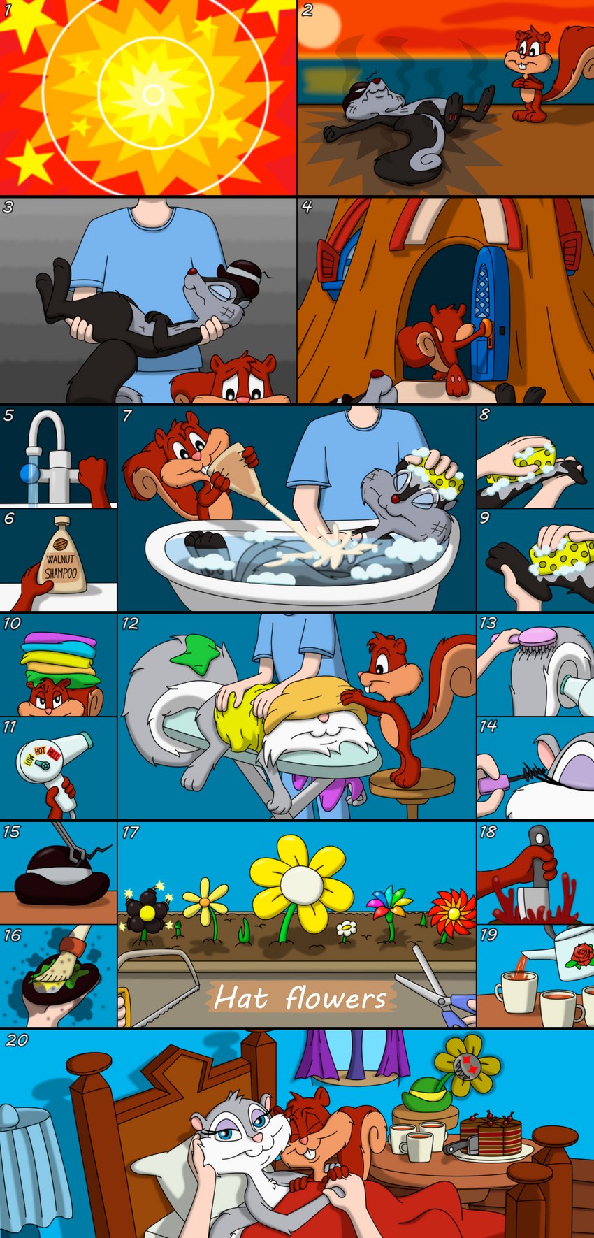 anthro bathing bathtub bedroom_eyes cake clothing dessert explosion female first_person_view flower flower_on_hat food hand_holding hand_on_cheek happy hat headgear headwear knife looking_at_viewer male narrowed_eyes plant seductive tree_house wounded young young_anthro young_male johnbrain93 animaniacs warner_brothers skippy_squirrel slappy_squirrel human mammal rodent sciurid tree_squirrel absurd_res hi_res