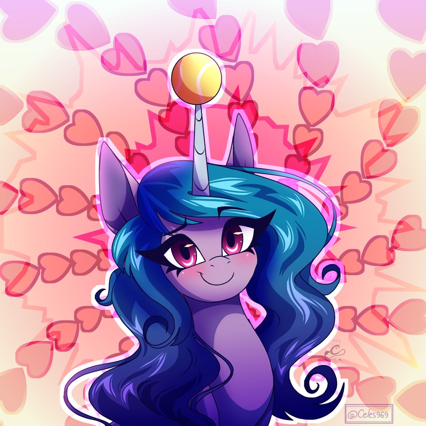 ball blue_hair female hair heart_symbol horn looking_at_viewer purple_eyes smile solo tennis_ball tennis_ball_on_horn celes-969 hasbro mlp_g5 my_little_pony mythology izzy_moonbow_(mlp) equid equine mammal mythological_creature mythological_equine unicorn 1:1 absurd_res hi_res