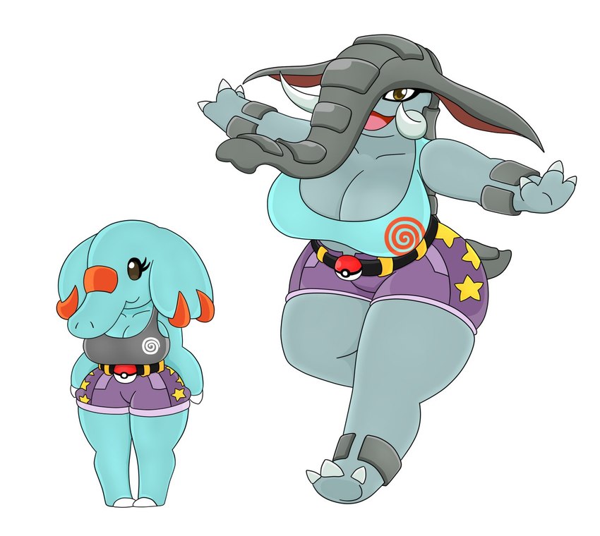 anthro belt big_breasts blue_body bottomwear breasts brown_eyes clothing duo female grey_body horn huge_breasts pokeball proboscis_(anatomy) shirt shorts simple_background star topwear trunk_(anatomy) white_background urusee584 nintendo pokemon donphan generation_2_pokemon phanpy pokemon_(species) hi_res