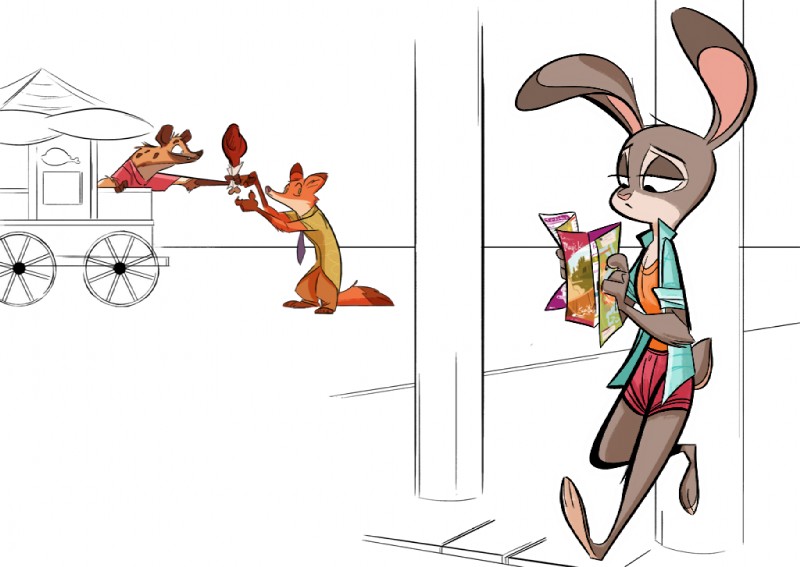 anthro barefoot clothed clothing feet female food fur group male meat orange_body orange_fur standing trio turkey_leg turkey_meat fluttershythekind disney disney_parks walt_disney_world zootopia judy_hopps nick_wilde canid canine european_rabbit fox hyena lagomorph leporid mammal oryctolagus rabbit red_fox spotted_hyena true_fox 2017 digital_drawing_(artwork) digital_media_(artwork) shaded