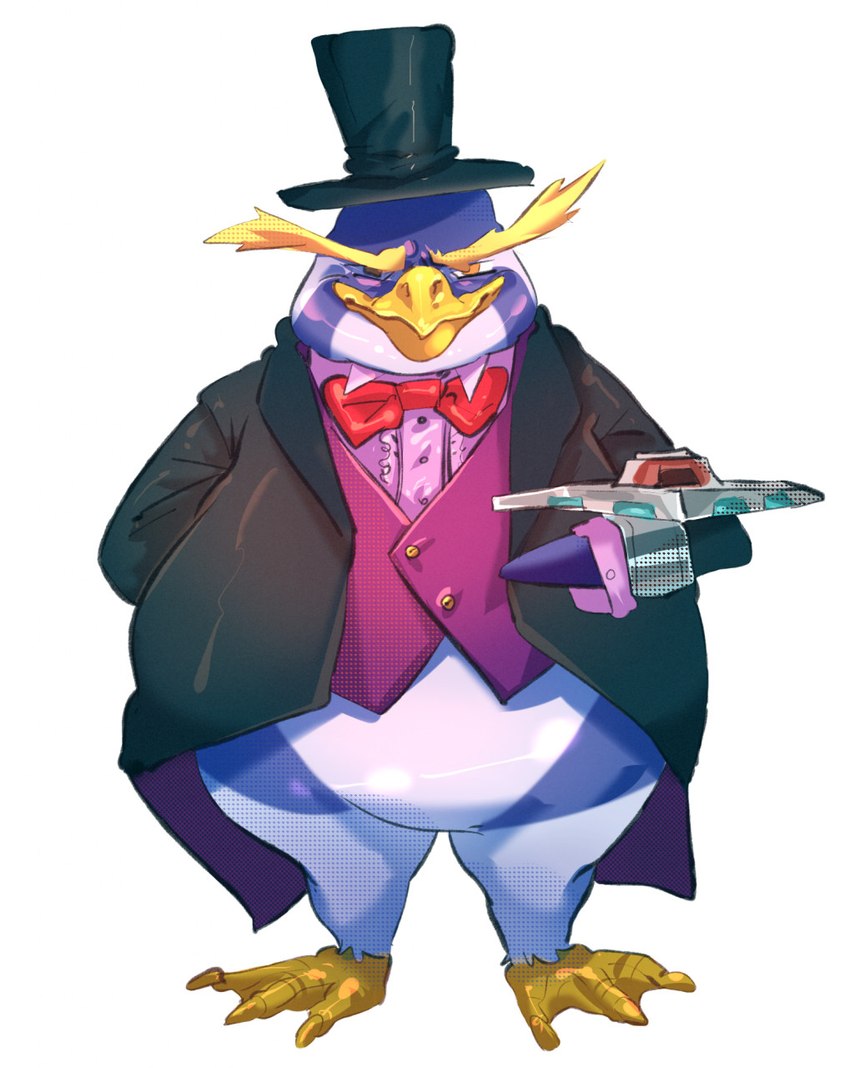 accessory anthro beak bow_tie clothing duel_disk featureless_crotch feet hat headgear headwear jacket male membrane_(anatomy) smile solo suit toes top_hat topwear vest webbed_feet grech4 yu-gi-oh! nightmare_penguin avian bird duel_monster penguin hi_res