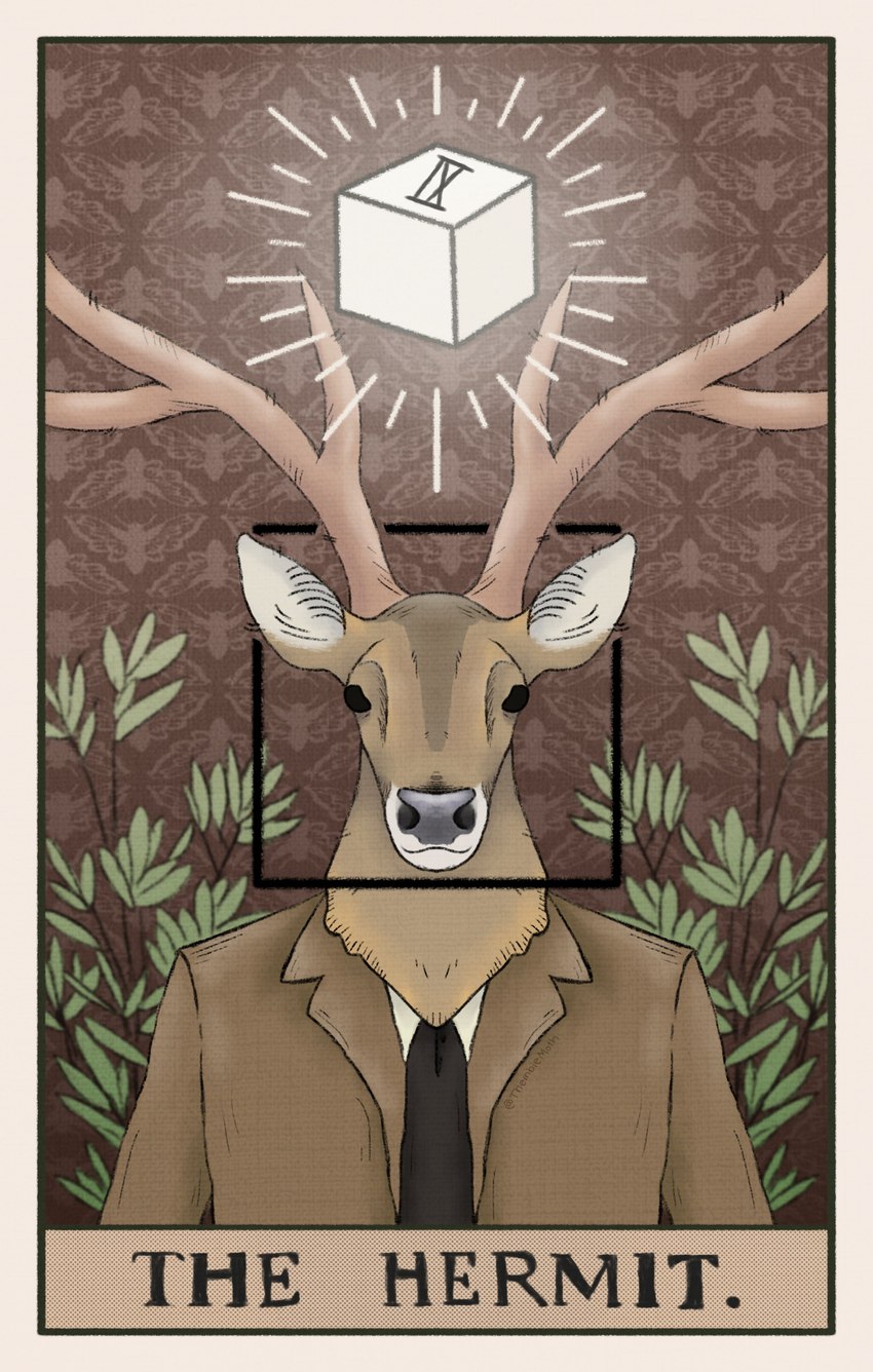 anthro antlers black_eyes black_nose brown_body brown_fur card clothed clothing cube fur horn jacket male necktie outside plant shirt solo tan_antlers tarot tarot_card text topwear tree thembiemoth rusty_lake rusty_lake_roots mr._deer deer mammal absurd_res english_text hi_res