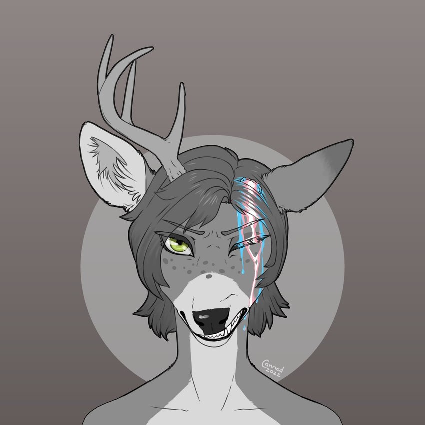 ambiguous_gender anthro antlers blood bodily_fluids broken_antler cut_antlers fur green_eyes horn lgbt_pride multicolored_blood multicolored_bodily_fluids pain pride_color_blood pride_color_bodily_fluids pride_colors sharp_teeth solo teeth transgender_pride_colors unusual_blood unusual_bodily_fluids canned_(artist) deer hybrid mammal new_world_deer white-tailed_deer 1:1 bust_portrait hi_res portrait trans_(lore) trans_woman_(lore)