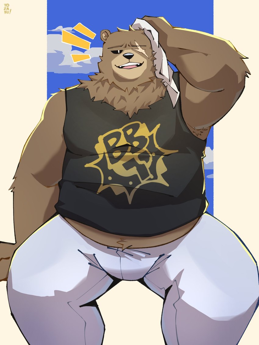 anthro belly black_sclera bottomwear brown_body brown_fur clothing facial_scar fur male missing_eye overweight pants scar shirt sitting solo sweatpants tank_top topwear towel wiping_sweat aymstrongtozaki mihoyo zenless_zone_zero ben_bigger bear mammal 3:4 hi_res