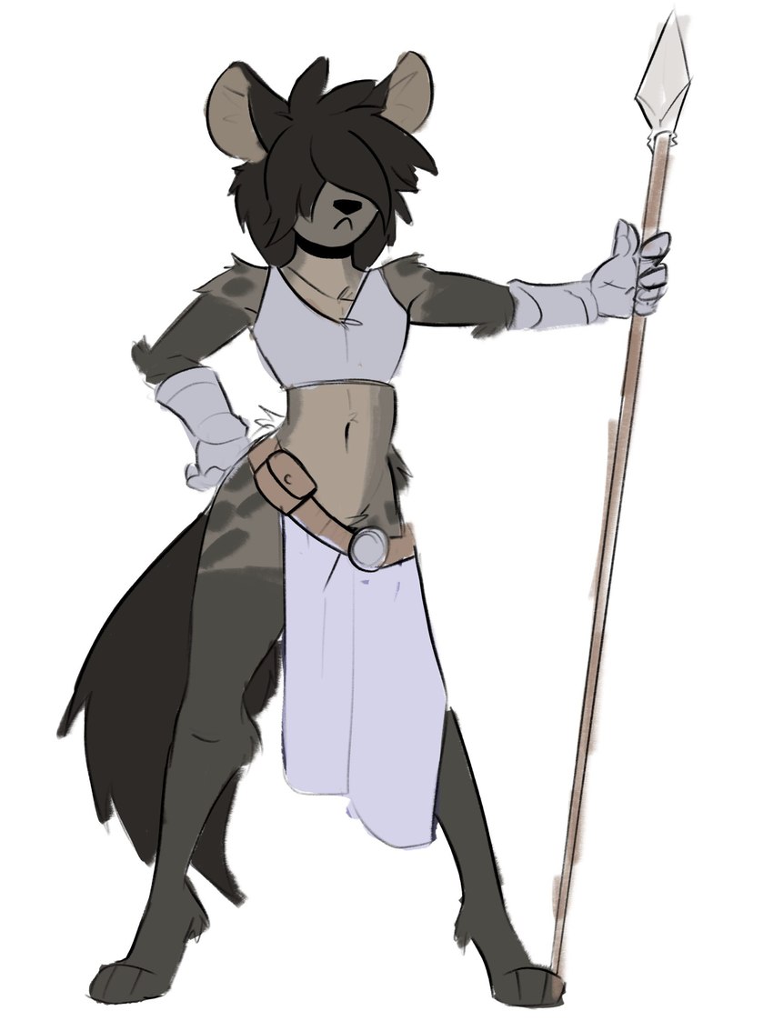 :< anthro armor black_hair black_nose bottomwear clothed clothing crop_top digitigrade femboy fur gauntlets gloves grey_body grey_fur hair hair_over_eyes hand_on_hip handwear holding_melee_weapon holding_object holding_polearm holding_spear holding_weapon loincloth male markings melee_weapon midriff oversized_clothing polearm shirt simple_background solo spear spots spotted_body spotted_fur topwear weapon white_background capaoculta ade_(capaoculta) hyena mammal 2022 absurd_res hi_res