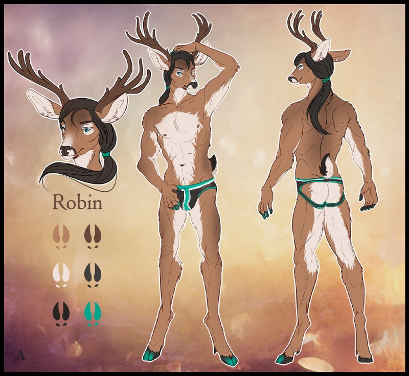 anthro antlers biped black_border blue_eyes border brown_body brown_fur brown_hair bulge butt clothed clothing ear_piercing fur hair hoofprint hooves horn jockstrap looking_at_viewer male mostly_nude piercing solo standing tan_body tan_fur topless underwear foxinajacket robin_(lafayel) deer mammal model_sheet