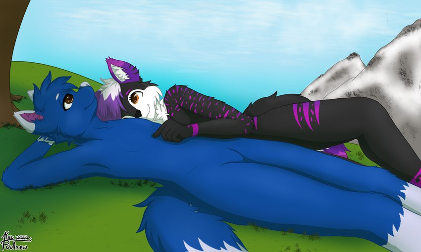 anthro black_body black_fur blue_body blue_fur brown_eyes cuddling duo eyelashes featureless_crotch female field fur grass hair highlights_(coloring) hug looking_at_another looking_at_partner lying male male/female multicolored_body multicolored_fur nude pink_body pink_fur plant purple_highlights smile tree under_tree white_hair kvnpoulsen felid feline lynx mammal 5:3 absurd_res hi_res