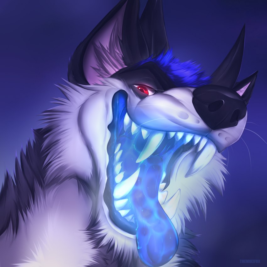 anthro blue_mouth bodily_fluids breath claws demonic demonic_eyes dripping evil_grin fangs fur glistening grey_body grey_fur horn male mouth_shot open_mouth pupils red_eyes saliva saliva_on_tongue saliva_string smile teeth tongue tongue_out themikefox myth_(mythdawuff) canid canine canis demon dire_wolf mammal prehistoric_species wolf wolf_demon 1:1 hi_res