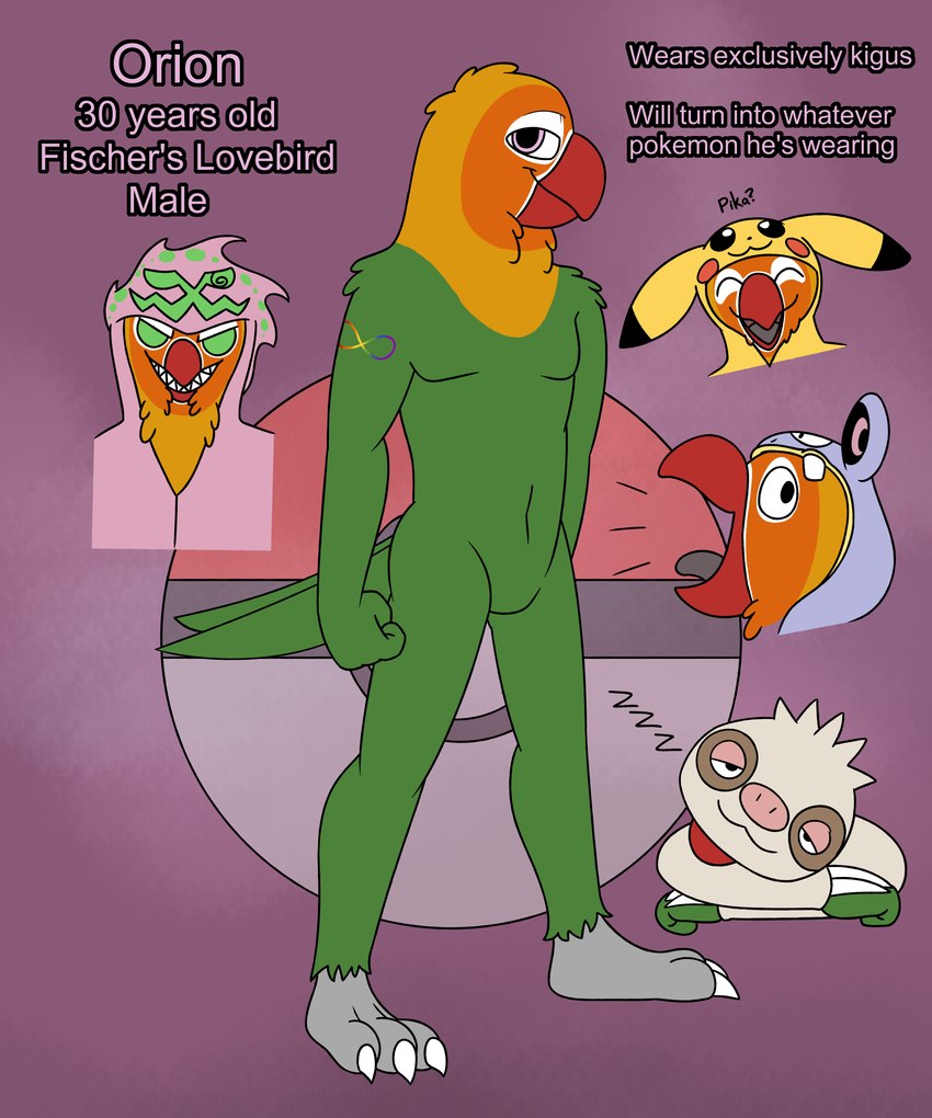 3_toes anthro beak claws clothing feet green_body green_eyes kigurumi male multicolored_body onesie orion_(aaron_amethyst) pink_eyes red_beak screaming sleeping solo tattoo toes aaron_amethyst nintendo pokemon avian bird generation_1_pokemon generation_3_pokemon generation_4_pokemon loudred lovebird parrot pikachu pokemon_(species) slakoth spiritomb true_parrot 5:6 absurd_res hi_res model_sheet