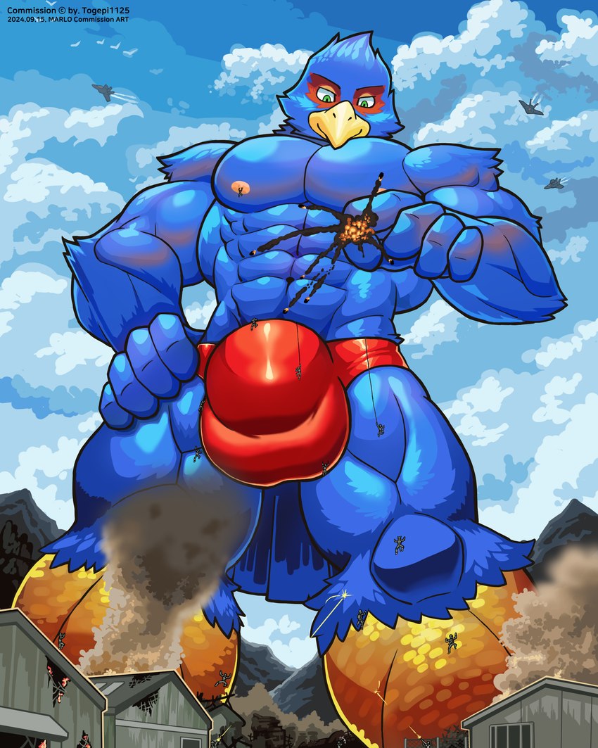 aircraft airplane anthro beak big_bulge blue_body bulge clothed clothing destruction detailed_bulge explosion green_eyes jet looming low-angle_view macro male military military_base muscular muscular_male nipples smoke soldier solo speedo swimwear vehicle warrior worship wolfmalro nintendo star_fox falco_lombardi avian bird 4:5 absurd_res hi_res