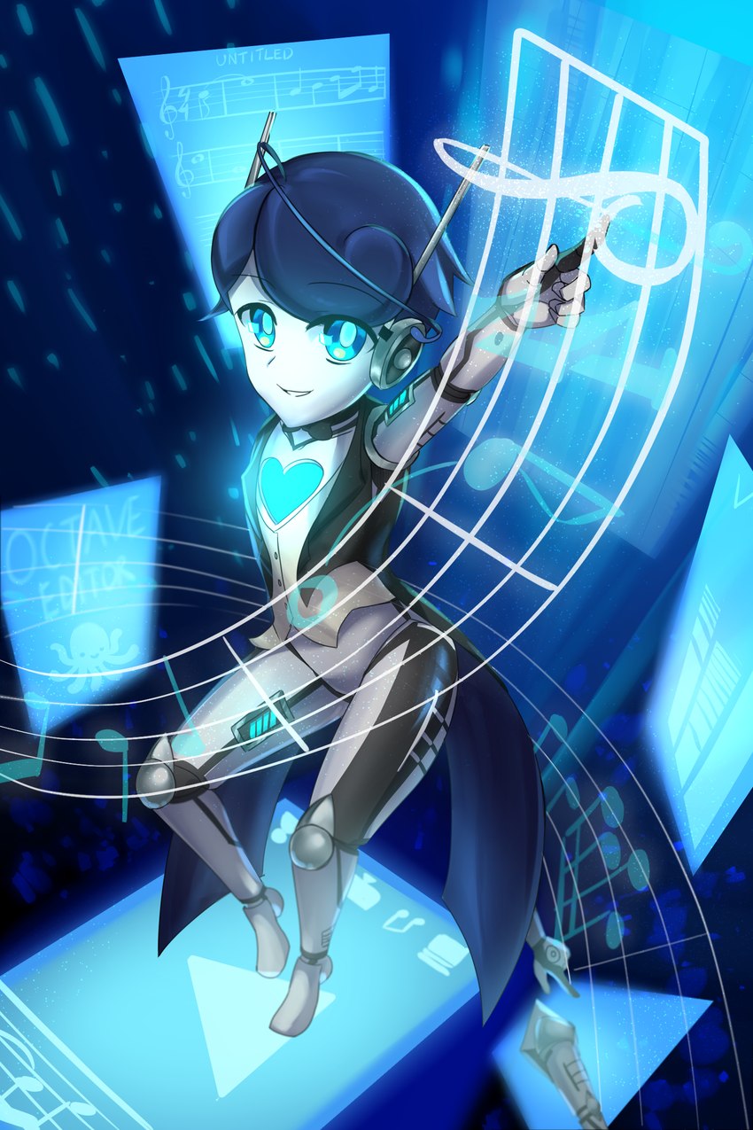 5_fingers anime_eyes black_clothing black_jacket black_topwear blue_background blue_eyes blue_hair blue_pupils clothing eyebrow_through_hair eyebrows featureless_feet feet fingers hair hand_behind_back heart_(marking) jacket looking_at_viewer machine male markings metallic_body music_sheet musical_clef musical_symbol not_furry performance platform play_button pupils quarter_note raised_arm screen short_hair simple_background slim_male smile smiling_at_viewer solo staff_(music) standing symbol text thin_eyebrows topwear translucent translucent_hair treble_clef vest white_body white_clothing white_topwear white_vest duokhay octave_the_eighth humanoid robot robot_humanoid 2017 absurd_res colored digital_drawing_(artwork) digital_media_(artwork) english_text hi_res