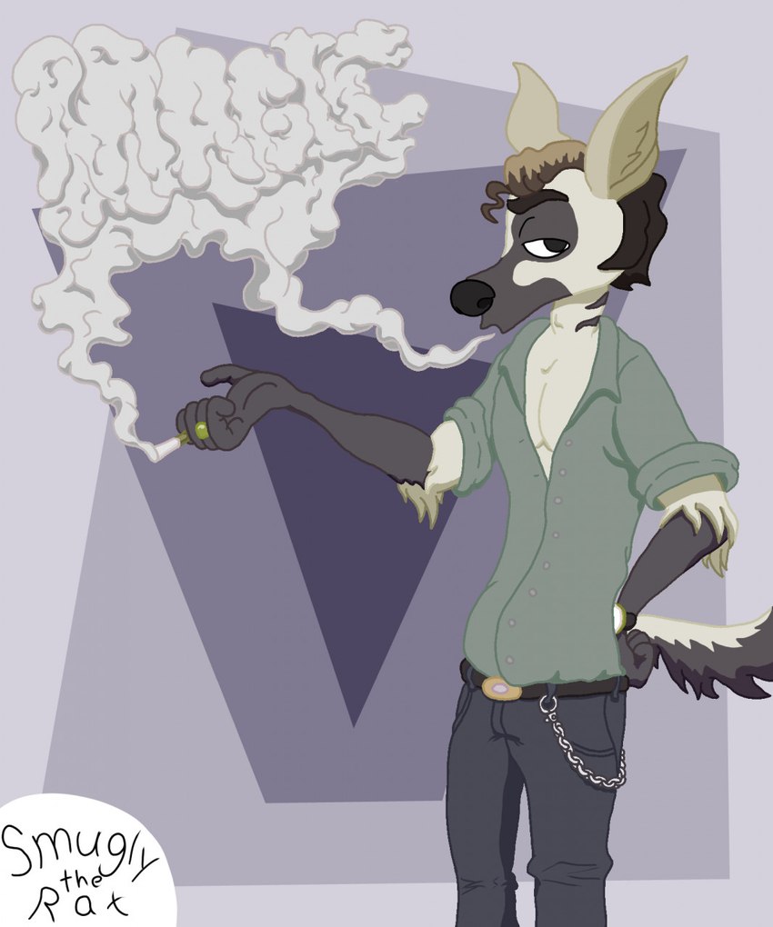 anthro belt blowing_smoke bottomwear brown_hair buckle cigarette clothing denim denim_bottomwear denim_clothing dress_shirt fur grey_body grey_fur hair half-closed_eyes jeans looking_at_viewer male monotone_clothing monotone_shirt monotone_topwear narrowed_eyes pants purple_background shirt simple_background smoking smoking_tobacco solo tan_body tan_fur topwear wallet_chain smuglytherat julian_(cadaverrdog) aardwolf hyena mammal hi_res